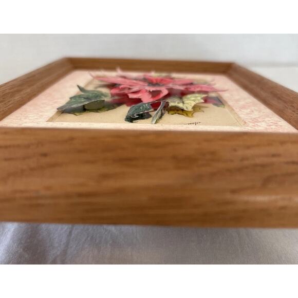 Framed 3D Poinsettia Floral Art Print With Oak Wood Frame - Picture 7 of 8